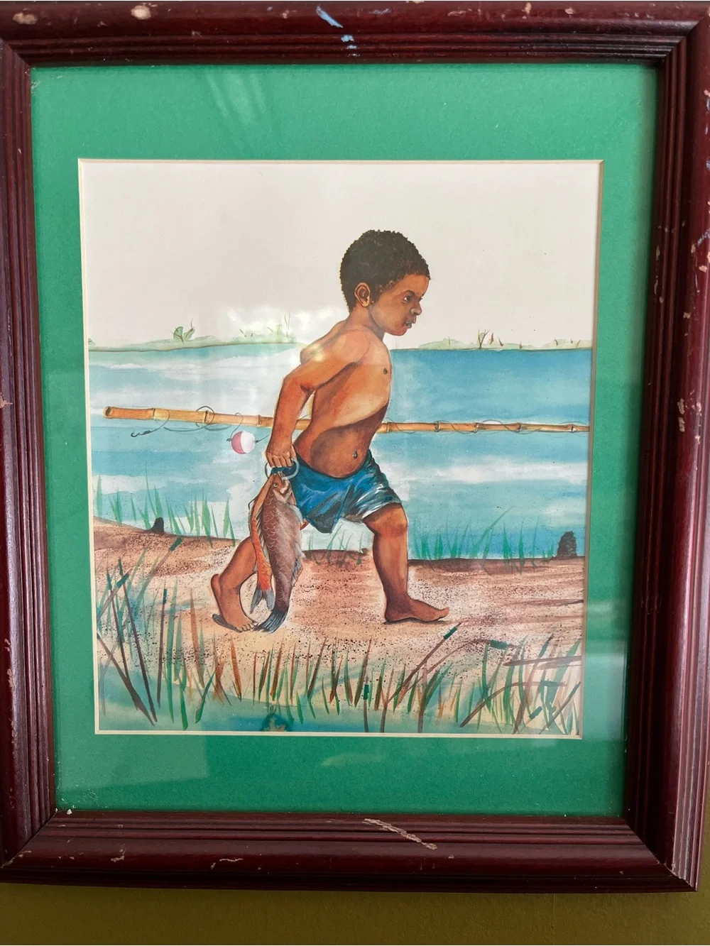 Black American Vintage Watercolor Painting Haitian Boy Catching Fish Artwork